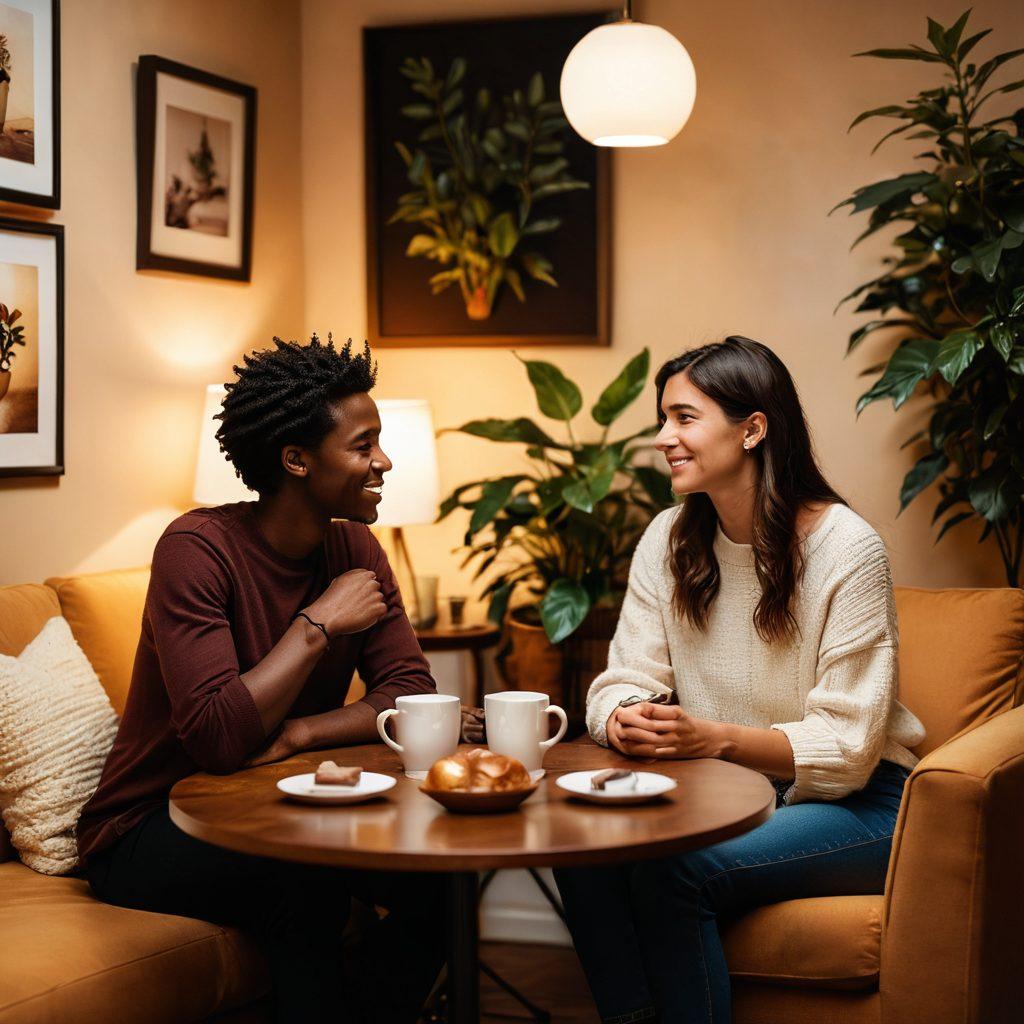 A warm and inviting scene depicting two diverse individuals engaged in a deep conversation over coffee, surrounded by soft lighting and comfortable decor. In the background, hints of personal items symbolize growth and intimacy, such as photographs and plants. The focus is on their genuine connection, highlighting emotions of trust and affection. super-realistic. warm colors. soft focus.