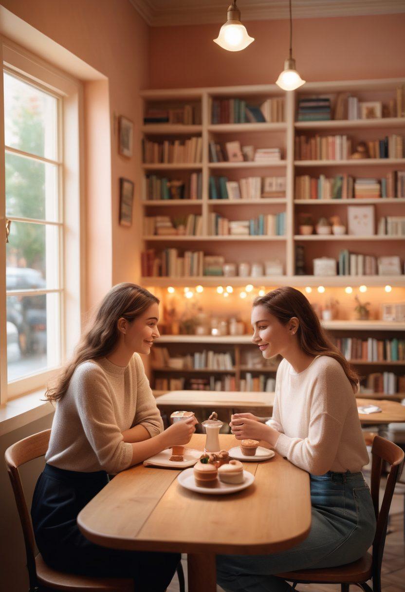 A warm and inviting café scene where two people engage in deep conversation, surrounded by soft lighting and cozy decor, symbolizing authenticity and connection. Include subtle elements that represent dating and intimacy, such as a small heart-shaped dessert on the table. The background features a shelf filled with books about relationships. serene atmosphere, soft pastels, artistic flair.