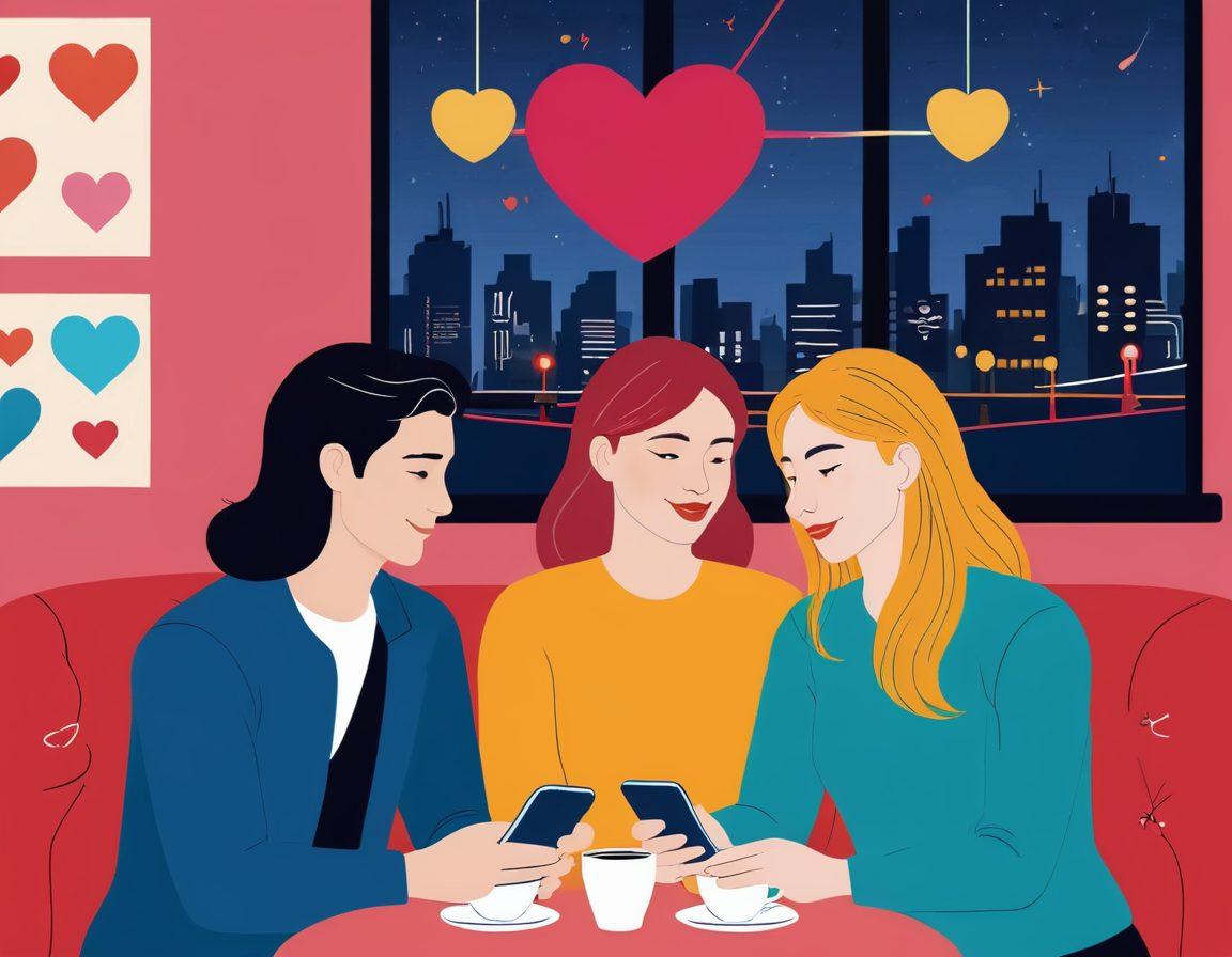 A contemporary couple sitting at a cozy café, discussing their relationship goals while using a smartphone to explore online dating profiles, with heart-shaped icons and vibrant connection lines visually representing compatibility around them. Emphasize warmth, connection, and modern technology in their expressions. vibrant colors. modern illustration.